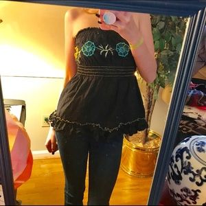Black floral embroidered strapless top